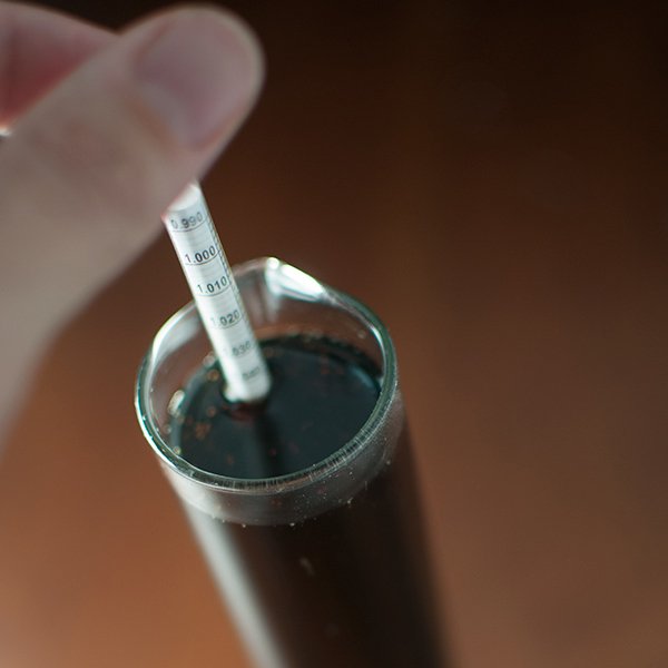 Ihminen mittaa juoman ominaispainoa pudottamalla mittarin mittalasiin